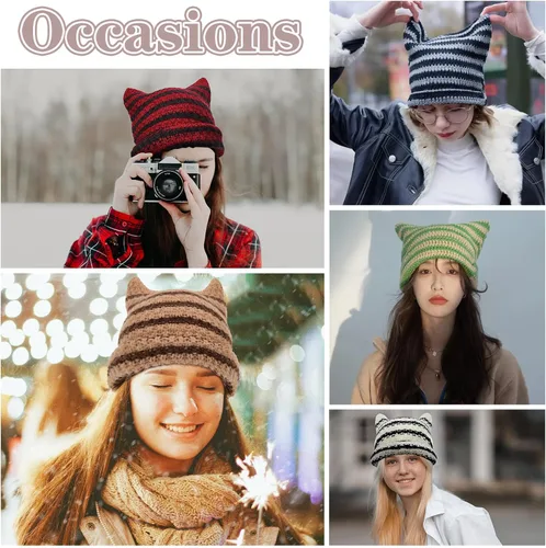 Miniatura 6 de Century Star Gorros de ganchillo para mujer, gorro de gato, gorro de invierno cálido de punto a rayas, accesorios de gorra Y2K, gorros holgados
