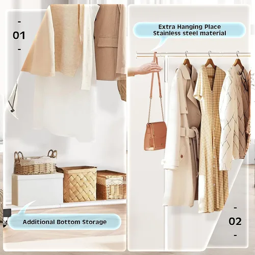 Miniatura 3 de VICERII Perchero de ropa resistente de 55.51 pulgadas con ruedas y estante inferior, perchero con ruedas y estante inferior, percheros de ropa
