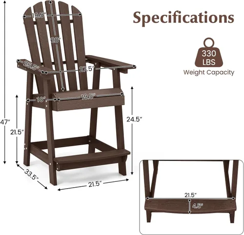 Miniatura 3 de Tangkula Taburete de bar para exteriores, silla Adirondack alta de polietileno de alta densidad con reposabrazos y reposapiés, resistente a la Marrón