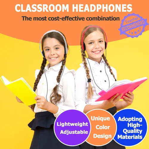 Miniatura 3 de Paquete de 10 auriculares para niños a granel para el aula escolar, auriculares multicolor con cable para estudiantes, auriculares ajustables