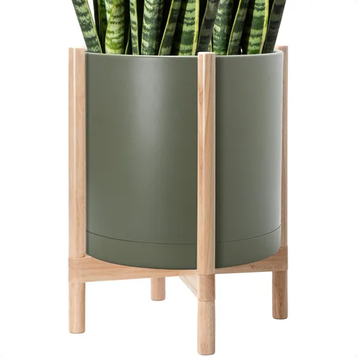 Miniatura 62 de Maceta de D'vine Dev con soporte - Maceta de flores de cilindro de plástico de 8.0 pulgadas con soporte de madera para interiores, maceta mate negra