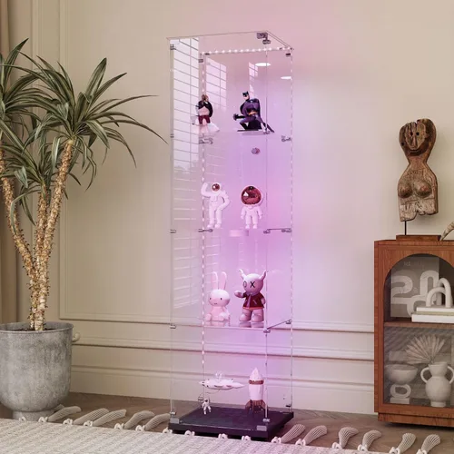 Miniatura 7 de Vitrina de cristal con 4 estantes con tira de luces LED y cerradura, vitrina de vitrina con ruedas y 1 puerta, vitrina de vidrio templado para sala