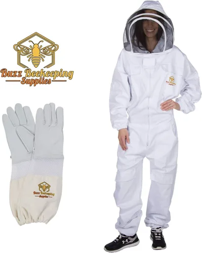 Traje profesional de apicultura y guantes de piel de cabra (1 par) 2XL – Velo de esgrima autoportante y cremalleras de metal para apicultoras
