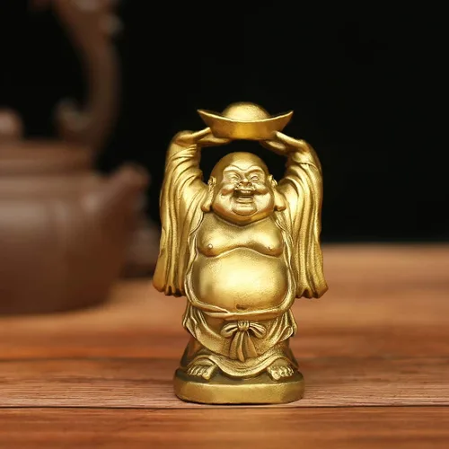Miniatura 7 de BRASSTAR Adorno de latón Feng Shui Estatua de Buda riendo sosteniendo lingote bolsa de dinero para oficina en casa Figura decorativa Atrae riqueza