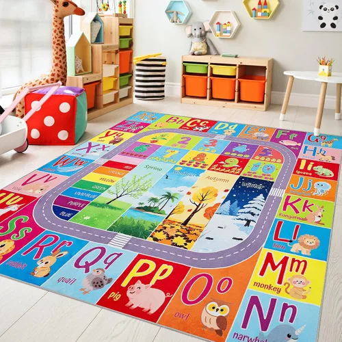 Miniatura 8 de Alfombra de juego educativa UKISS, 55"x55" alfombra de tráfico para niños, alfombra antideslizante y lavable para niños, alfombra para niños