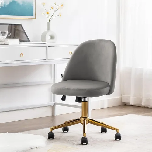 Miniatura 7 de DUHOME Bonita silla de oficina en casa sin brazos, silla giratoria de terciopelo tapizada para computadora con respaldo y base dorada, silla