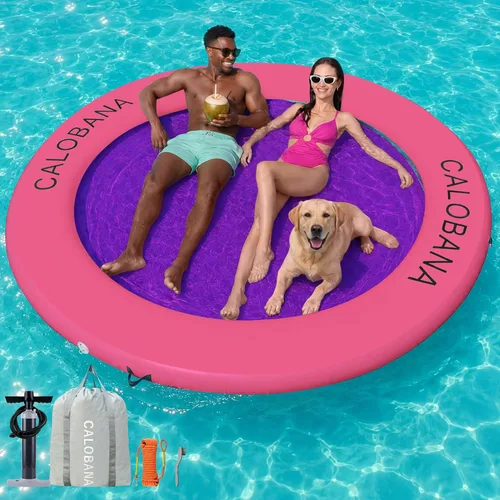 Miniatura 16 de CALOBANA Hamaca de agua inflable redonda flotante, flota lago isla balsa plataforma de muelle inflable para adultos, piscina, río, fiesta en la playa