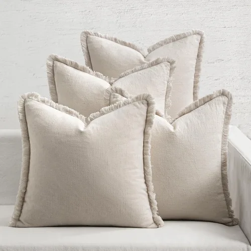 Miniatura 10 de MIULEE Juego de 4 fundas de almohada decorativas de lino neutro con flecos, fundas de almohada modernas y rústicas para cama, sofá, sala de estar