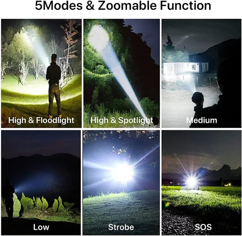 Miniatura 3 de BERCOL Linternas recargables de alto lúmenes, 90000 lúmenes, luz LED súper brillante, 5 modos, luz de flash de mano impermeable IPX5 para el hogar
