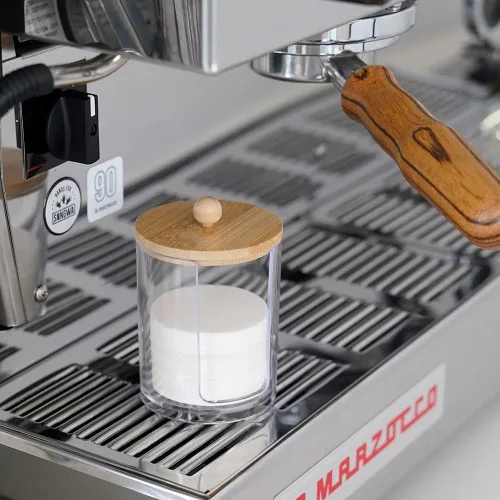 Miniatura 7 de watchget Soporte de filtro de papel espresso con tapa, dispensador de filtro de café acrílico compatible con filtros de papel redondos de 2.008