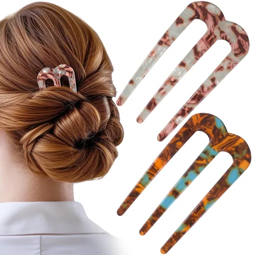 2 horquillas de pelo francés grandes en forma de U para mujeres, horquillas de pelo de 3 puntas para moños, horquilla de pelo con giro francés para
