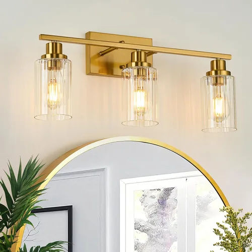 Miniatura 10 de Jonsi Accesorios de iluminación de baño dorados, 2 luces de tocador de oro cepillado con pantalla de vidrio estriada, luces modernas sobre espejo