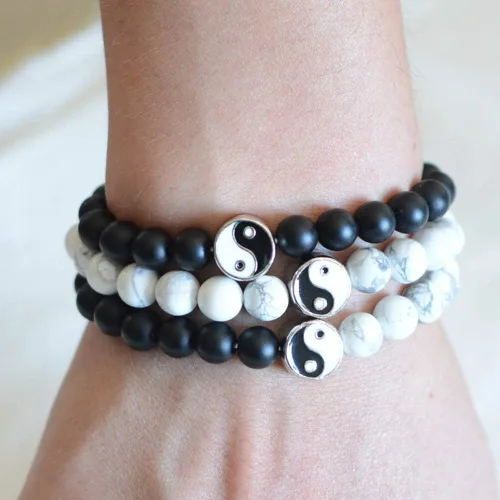 Miniatura 6 de Moda hombres mujeres Taiji Yin Yang Feng Shui Charm pulsera natural blanco turquesa y negro cuentas parejas pulseras amistad distancia pulsera