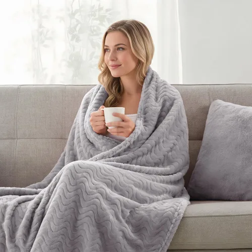 Miniatura 3 de Exclusivo Mezcla Manta King para cama, acogedora manta ligera de vellón con textura ondulada decorativa adecuada para invierno, gris claro, 90 x 104