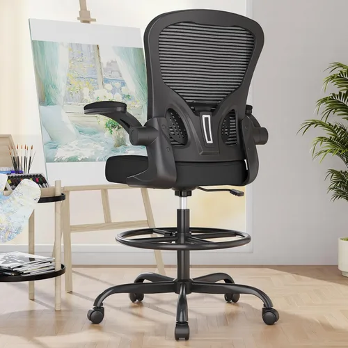 Miniatura 2 de Silla de Dibujo Ergonómica, Silla de Oficina Alta con Reposabrazos Abatibles, Silla de Escritorio Alta de Malla Transpirable con Soporte Lumbar