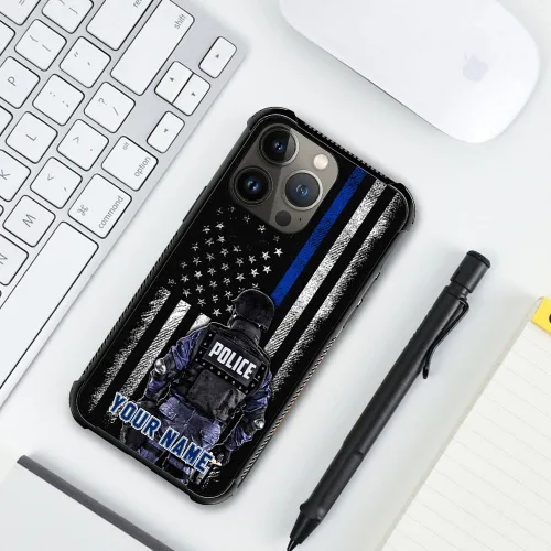 Miniatura 5 de DJSOK Funda para teléfono personalizado con nombre personalizado de la bandera estadounidense de policía para iPhone 16/15/14/13 12 11 Pro Bandera