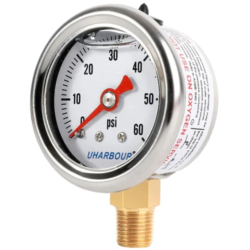 Miniatura 10 de Manómetro lleno de glicerina con caja de acero inoxidable 304, esfera negra de 1-1/2 pulgadas, 0-60 Psi, alta precisión, montaje trasero central NPT