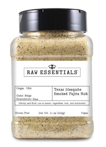 Raw Essentials Texas Mesquite - Fajita ahumada – Abrasador de barbacoa audaz y ahumado para carne, pollo, camarones y verduras – Sin gluten y vegana