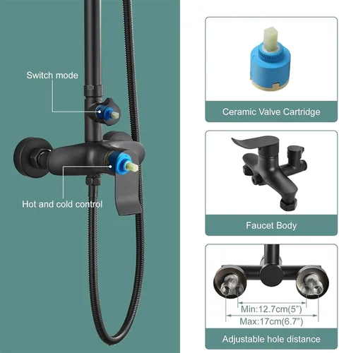 Miniatura 4 de Heyalan Sistema de ducha expuesto negro mate, juego de 2 ducha funcional de baño de 8 pulgadas, cabezal de ducha cuadrado de lluvia con rociador