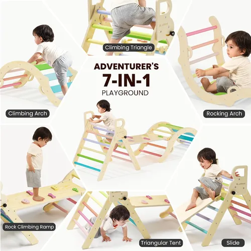 Miniatura 3 de BlueWood Conjunto de Triángulo Pikler, Juguetes de Escalada de Madera para Niños Pequeños para Interiores, Escalador Plegable 7 en 1 para Niños
