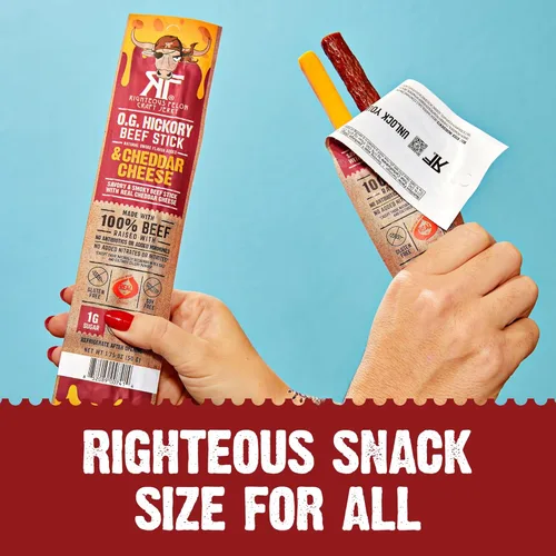 Miniatura 6 de Righteous Felon O.G. Palitos de carne de nogal y queso cheddar, 0.45 onzas de proteína, aperitivo de carne y queso estable en el mercado, 100% carne