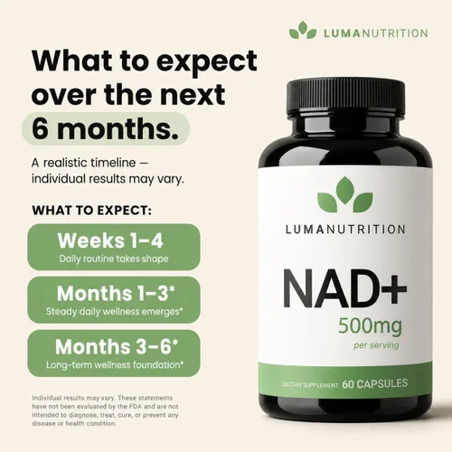 Miniatura 5 de Luma Nutrition Suplemento NAD+ de 500 mg por porción (250 mg por cápsula) – Envejecimiento más energía, metabolismo y apoyo celular – Suplementos