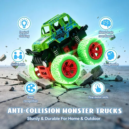 Miniatura 7 de Camión monstruo para niños de 3, 4, 5, 6, 7 años, paquete de 4 juguetes de automóvil impulsados por fricción Push and Go, juego de vehículos