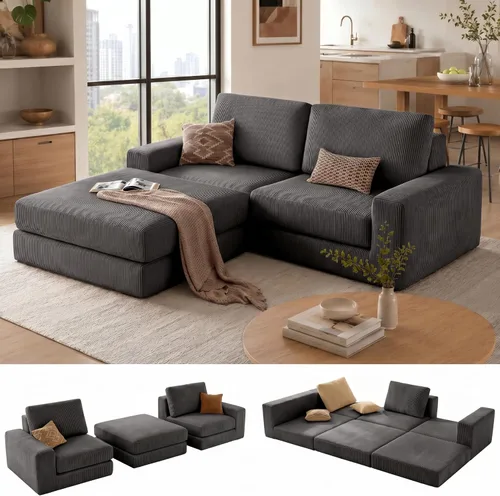Miniatura 10 de Sofá seccional modular, 120.47" Sofá seccional moderno en forma de nube con chaise en L, cómodo sofá mullido de corduroy con asiento profundo, sofás