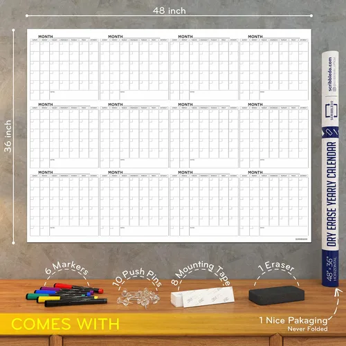 Miniatura 3 de Calendario grande de pizarra blanca de 36 x 48 pulgadas para pared, planificador de 12 meses, calendario de pared grande de borrado en seco, mensual