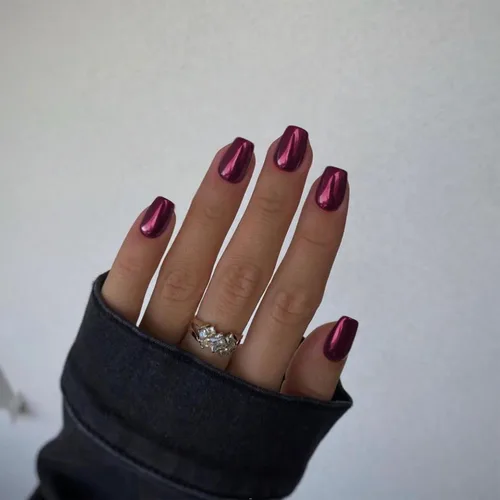 Miniatura 21 de Uñas Postizas Cuadradas de Cromo Púrpura Cortas Medianas para Presionar, KQueenest Uñas Acrílicas Falsas de Plateado Metálico Espejo para Presionar