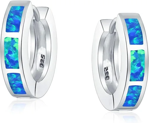 Miniatura 2 de Aretes de aro iridiscentes con incrustaciones de ópalo creadas en blanco y azul para mujeres, adolescentes, plata de ley 925, piedra natal