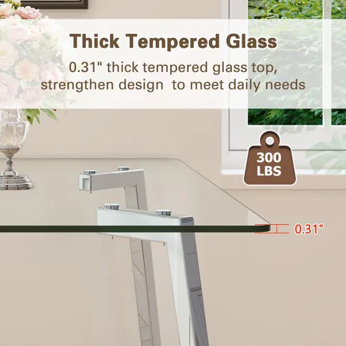 Miniatura 4 de Juego de mesa de comedor de cristal para 4, mesa rectangular con 4 sillas de cocina de cuero gris, juego de comedor de cocina de 51 pulgadas, mesa 4