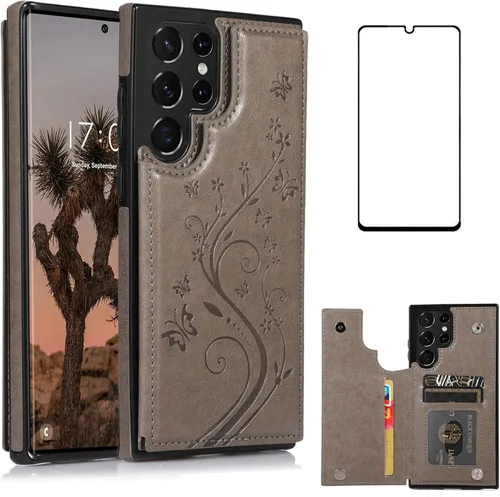 Miniatura 8 de Asuwish Funda para Samsung Galaxy S22 Ultra con protector de pantalla de vidrio templado, funda de cuero con soporte para tarjetas, doble cierre