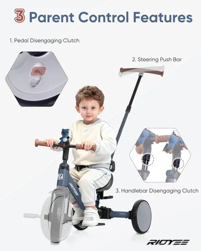 Miniatura 3 de RIDYEE Triciclo 5 en 1 para niños de 1.5 a 3 años, triciclo de dirección para padres, convertible sin herramientas para equilibrar la bicicleta, gris