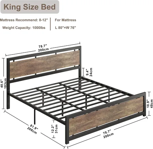 Miniatura 2 de LIKIMIO - Base de cama tamaño King con cabecero y pie de cama, soportes metálicos resistentes, fácil montaje, libre de ruidos, no necesita somier