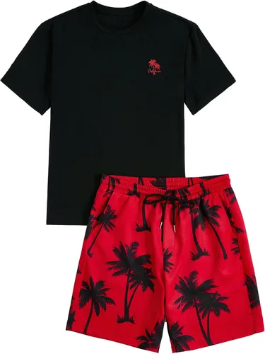 Miniatura 24 de GORGLITTER Conjunto de 2 piezas de camiseta gráfica de manga corta para hombre, estampado hawaiano con cordón y pantalones cortos