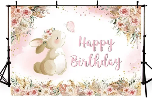 Miniatura 2 de MEHOFOND Telón de fondo floral de cumpleaños para niñas, acuarela, bohemio, flores, conejo, día de Pascua, fotografía de fondo, pancarta de feliz