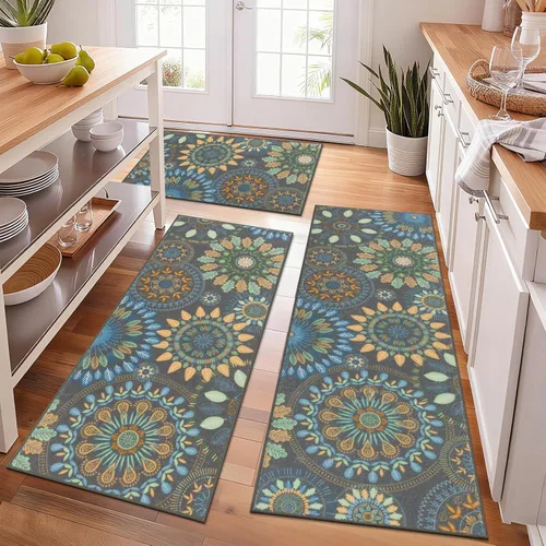 Miniatura 13 de Bsmathom Conjunto de Alfombras de Cocina Boho 3 Piezas, Alfombra de Cocina Antideslizante de Estilo Granja, Alfombras de Cocina Lavables