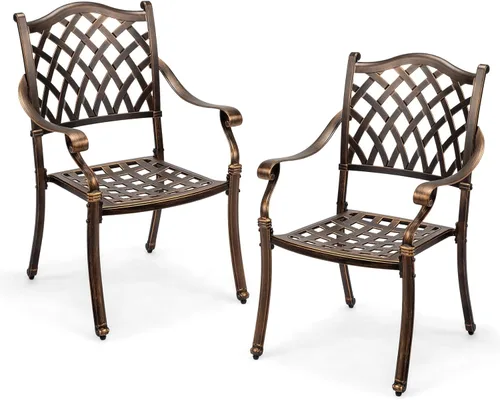 Miniatura 10 de VINGLI Juego de 2 sillas de patio apilables de aluminio fundido para exteriores con acabado negro vintage y patrón floral, sillones de metal