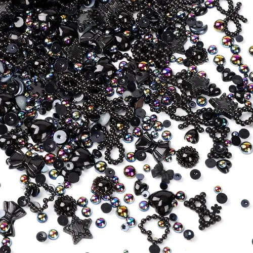 Miniatura 6 de 450 piezas de dijes de uñas de perlas 3D negras de múltiples formas, dijes de perlas planas de COOSLIM, corazones, moños, estilos mixtos, estrellas