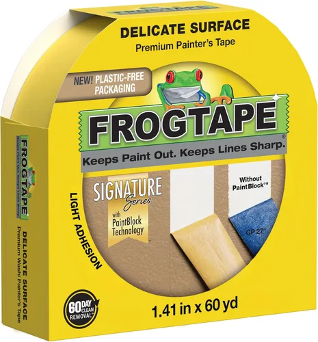 Miniatura 10 de FrogTape Cinta para pintores de superficies delicadas con bloque de pintura, 1.5 pulgadas de ancho (1.41 pulgadas x 60 yardas), baja adherencia