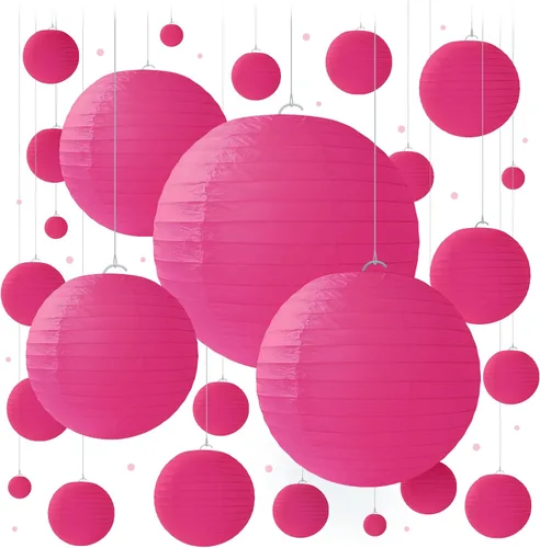 Juego de 25 faroles de papel de color rosa intenso, decoraciones de fiesta de color rosa intenso para cumpleaños, bodas y ocasiones especiales