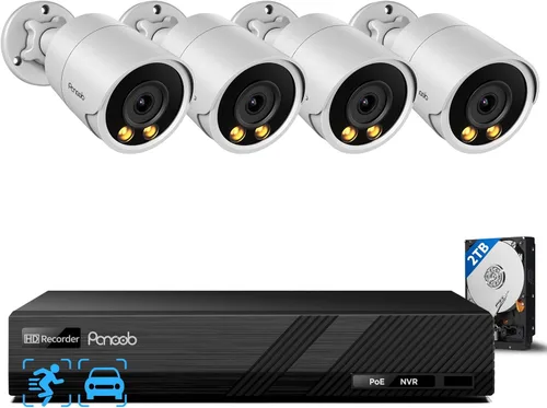 Sistema de cámara de seguridad PoE, 4 cámaras IP bala con cable de 4 MP para exteriores, micrófono integrado para exteriores, detección de vehículos