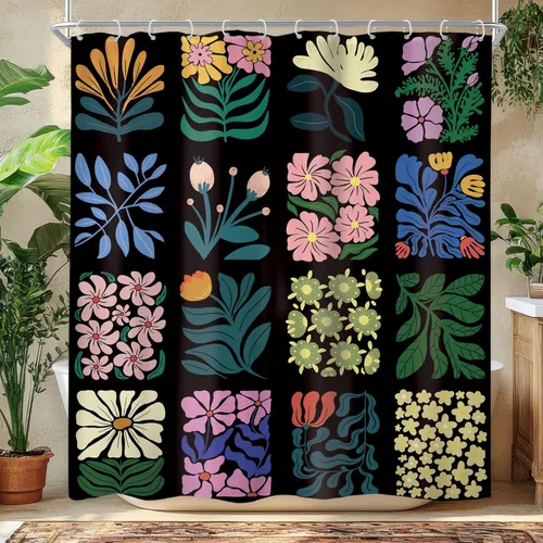 Newsely Cortina de Ducha Retro 60 Pulgadas de Ancho x 72 Pulgadas de Largo Vintage Abstracta Linda Boho Floral Botánica Geométrica Groovy Negro Azul