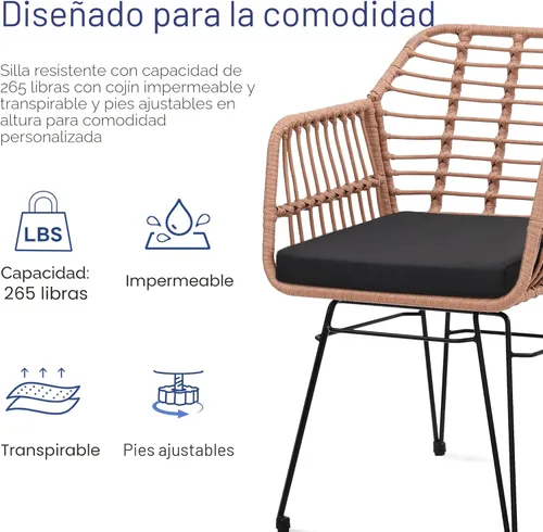 Miniatura 4 de KROFEM - Juego de 3 piezas de muebles de mimbre para patio estilo bistró, incluye 2 sillas de ratán y mesa con tapa de vidrio, ideal para porche