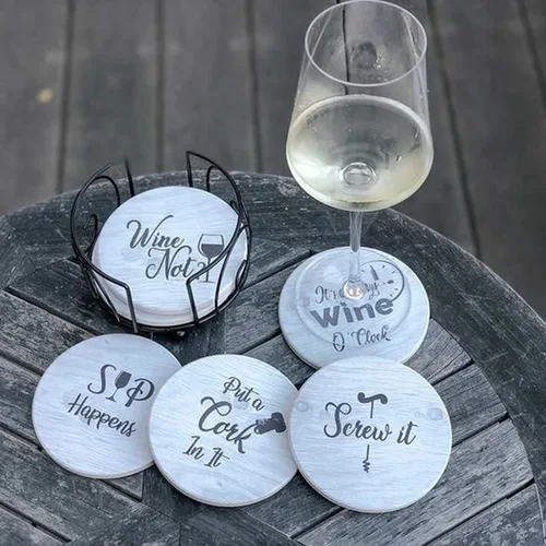 Miniatura 3 de Posavasos para bebidas absorbentes con soporte, juego de regalo de 6 piezas con 6 frases divertidas para amantes del vino, piedra de cerámica