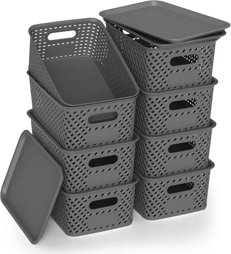 Miniatura 9 de Contenedores de almacenamiento de plástico con tapa, cesta pequeña apilable para organización y contenedores para estantes, cajones, escritorio