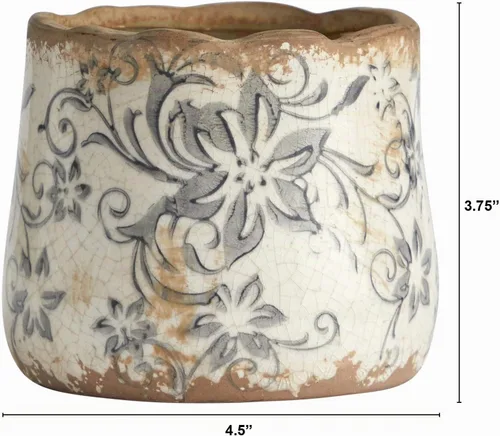 Miniatura 2 de Nearly Natural Macetero de Cerámica Toscana Gris con Diseño de Pergamino de 4.5 Pulgadas, Blanco