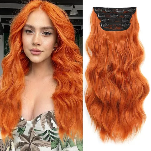 Miniatura 17 de NAYOO 4 piezas Extensiones de cabello con pinza, ondas largas y rizadas, sintéticas, gruesas, con fibra de doble trama, para mujeres, color cobre