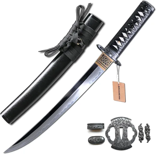 Miniatura 10 de MURASAME Espada Tanto Katana Corta de Arcilla Templada Acero T10 Hamon Real Muy Afilar Espiga Completa Hecha a Mano